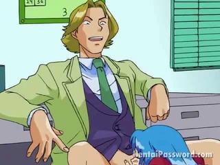 Blå haired manga jente suging en immense schlong på henne knær